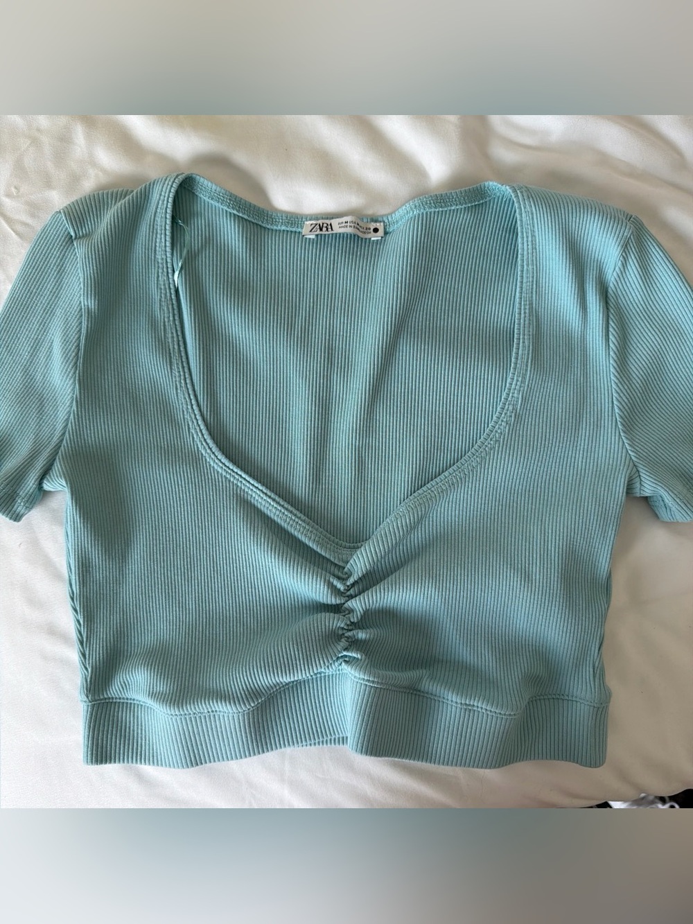 Zara Aqua Ribbed Scoop-Neck Crop Top with Ruched Front